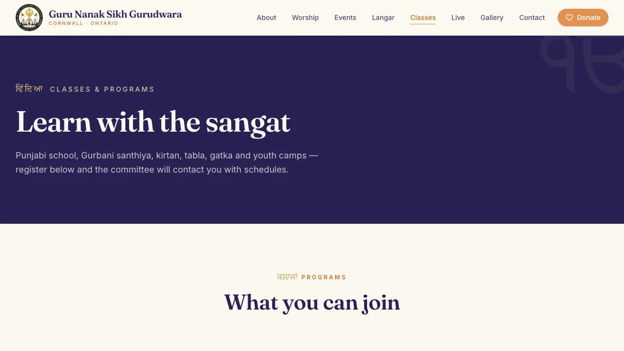 Guru Nanak Sikh Gurudwara Cornwall classes and programmes page