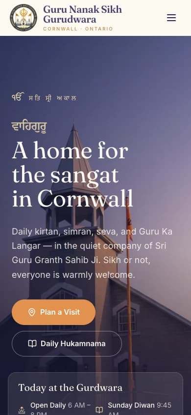 Guru Nanak Sikh Gurudwara Cornwall mobile homepage