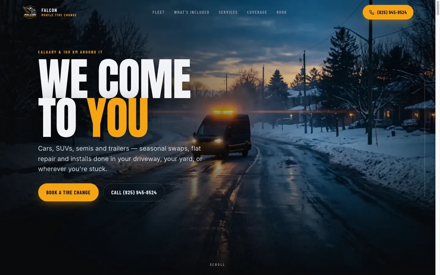 Falcon Mobile Tire Change homepage — the service van arriving at dusk