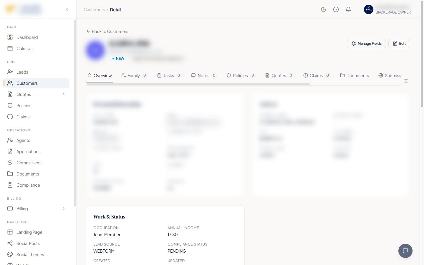 Customer record with management tabs