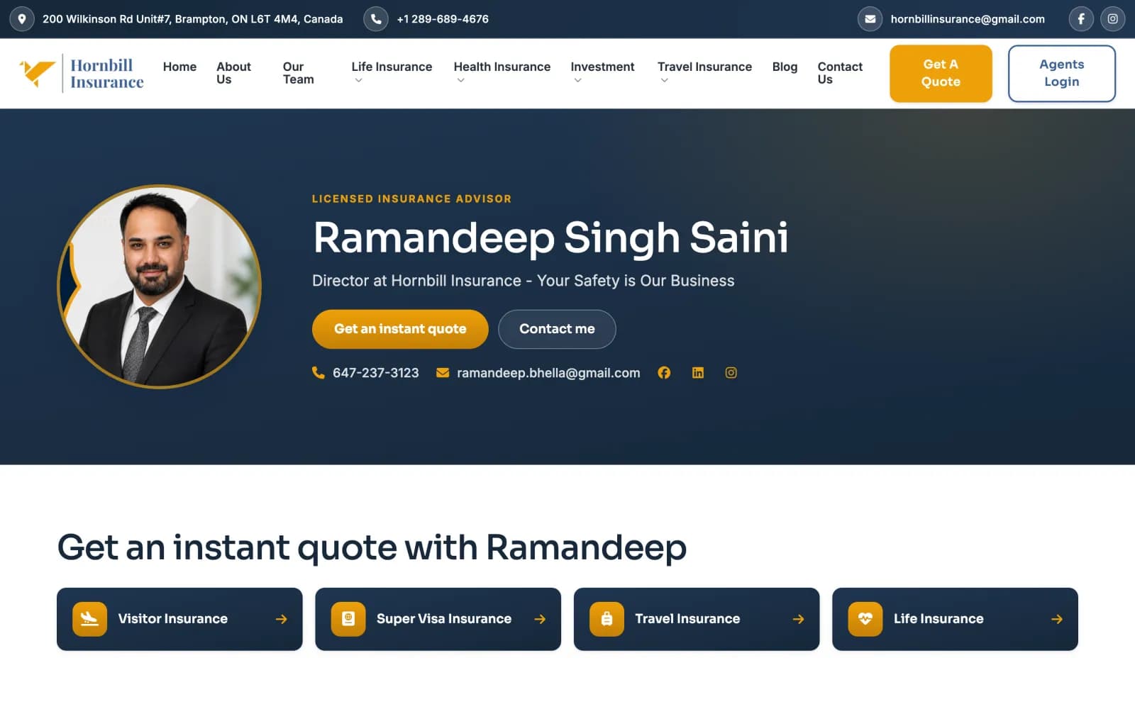 Advisor personal page with instant quote options