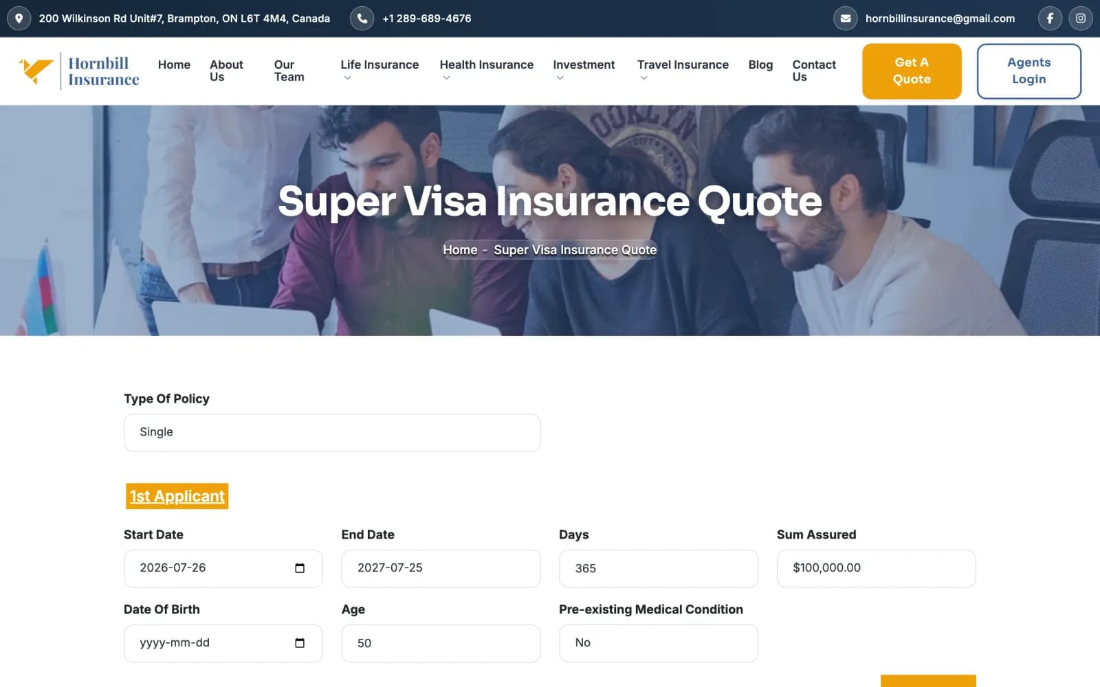 Super visa instant quote form
