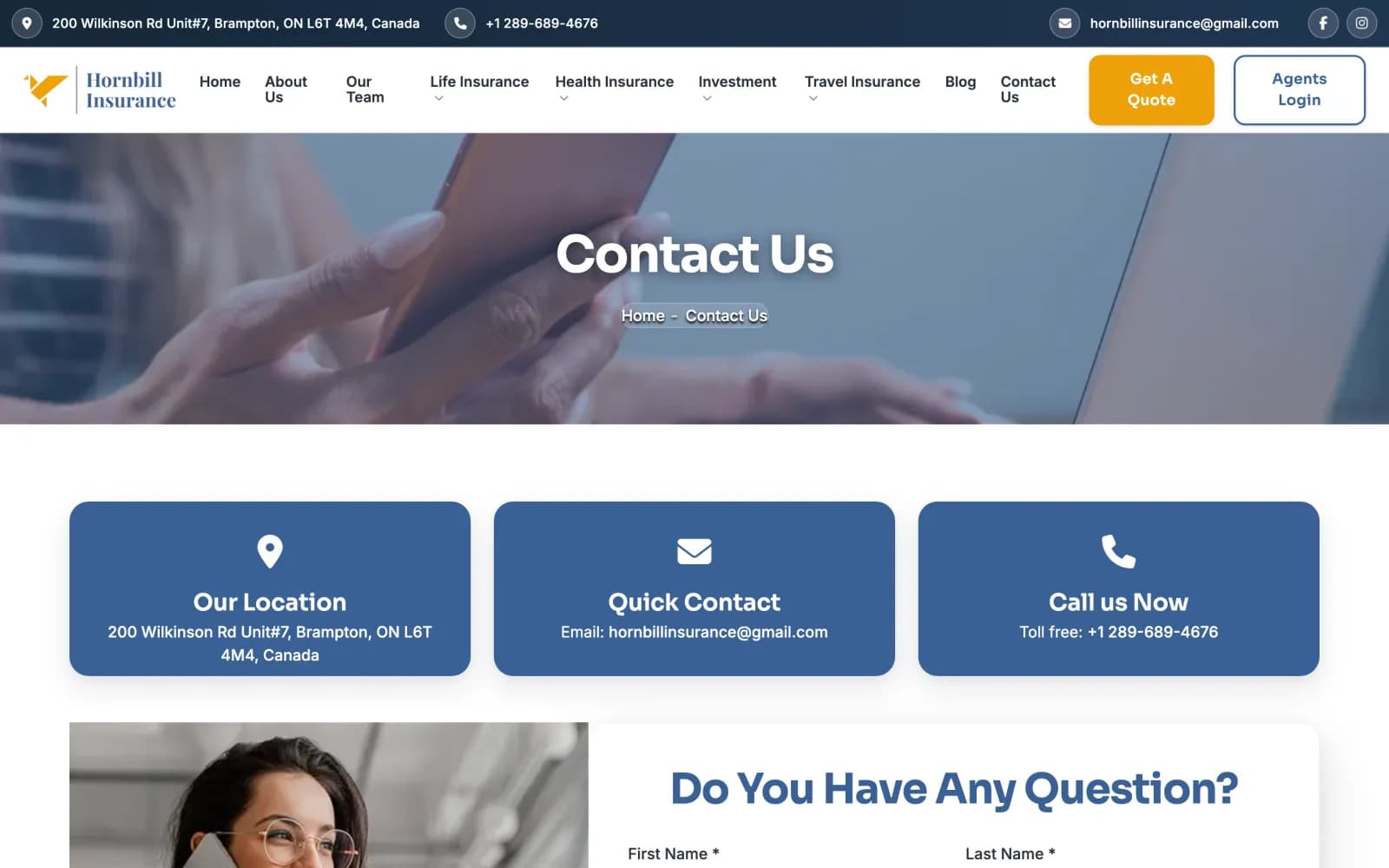 Hornbill Insurance contact & lead capture