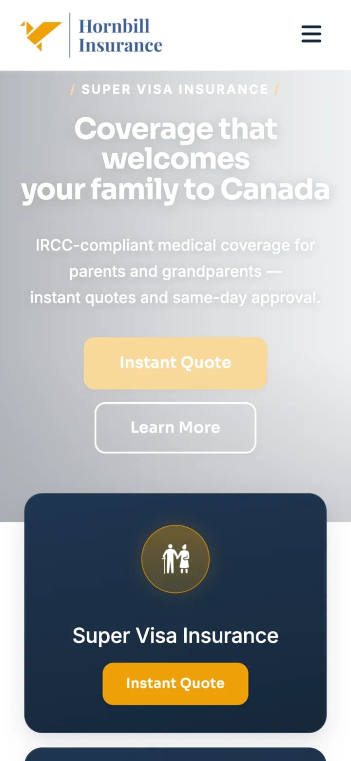 Hornbill Insurance homepage on a phone