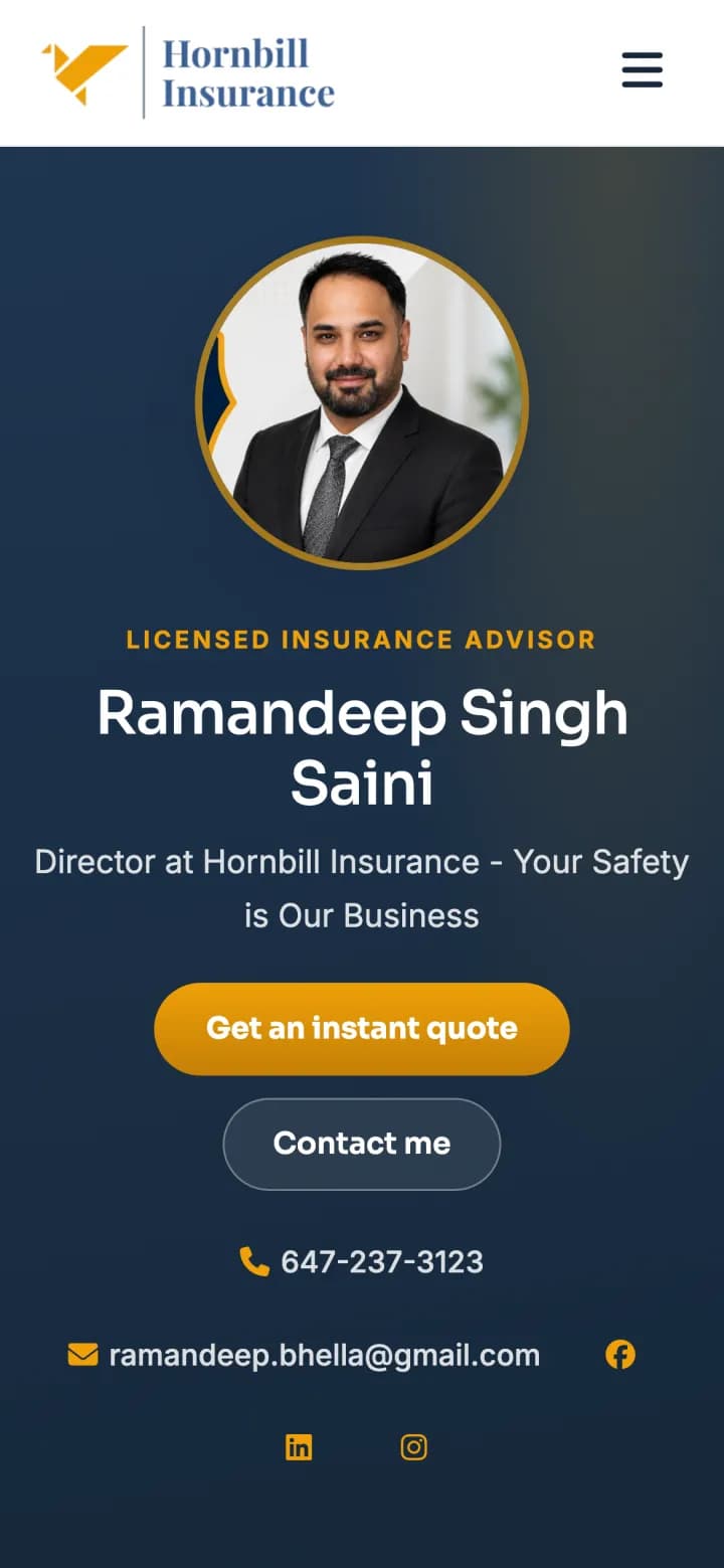 Hornbill Insurance advisor page on a phone
