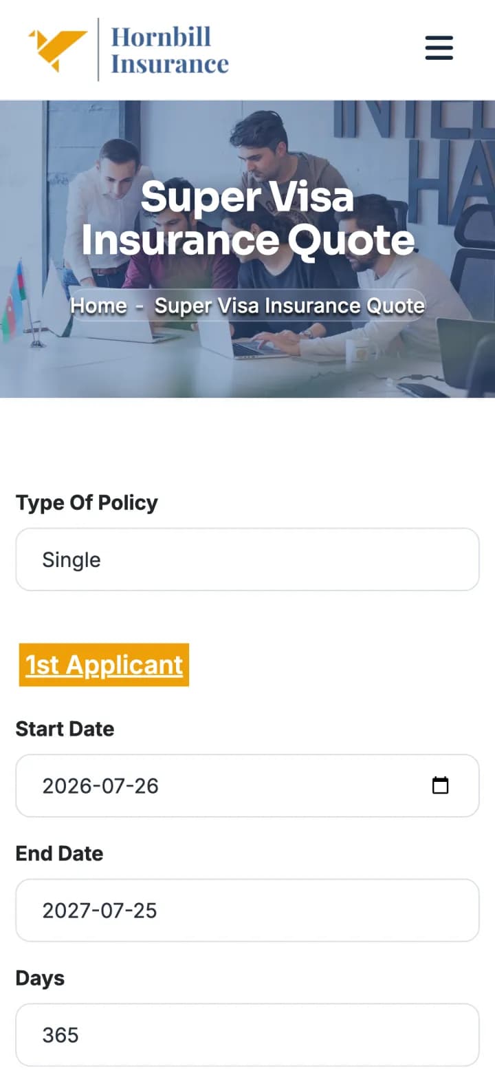 Hornbill Insurance quote form on a phone