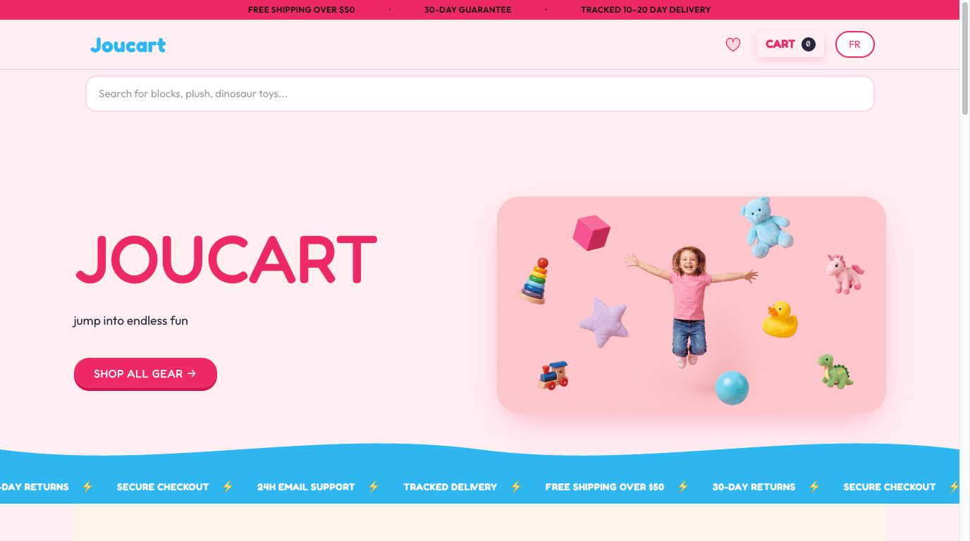 Joucart homepage with playful hero and toy categories
