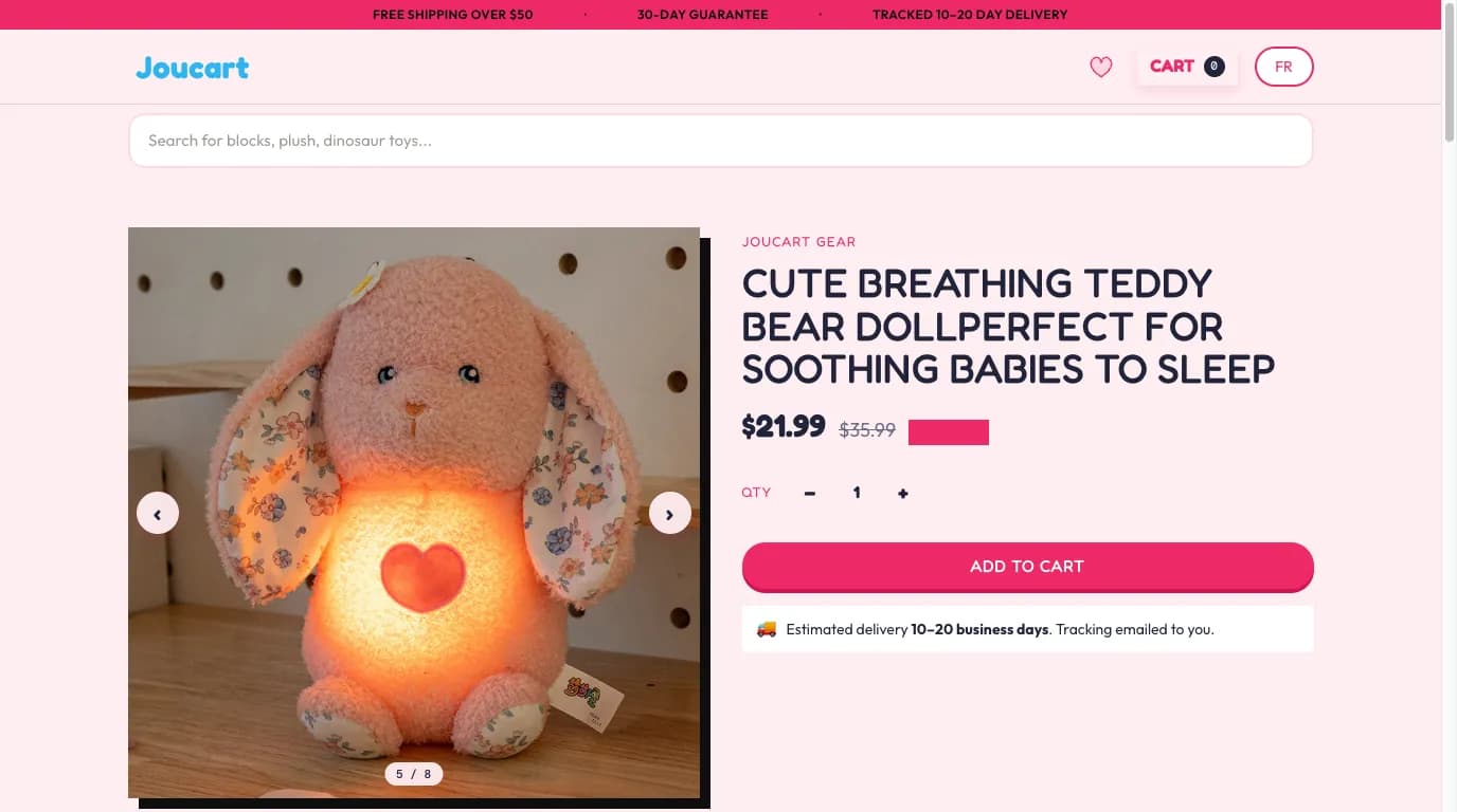 Joucart product page with gallery, variants and add to cart