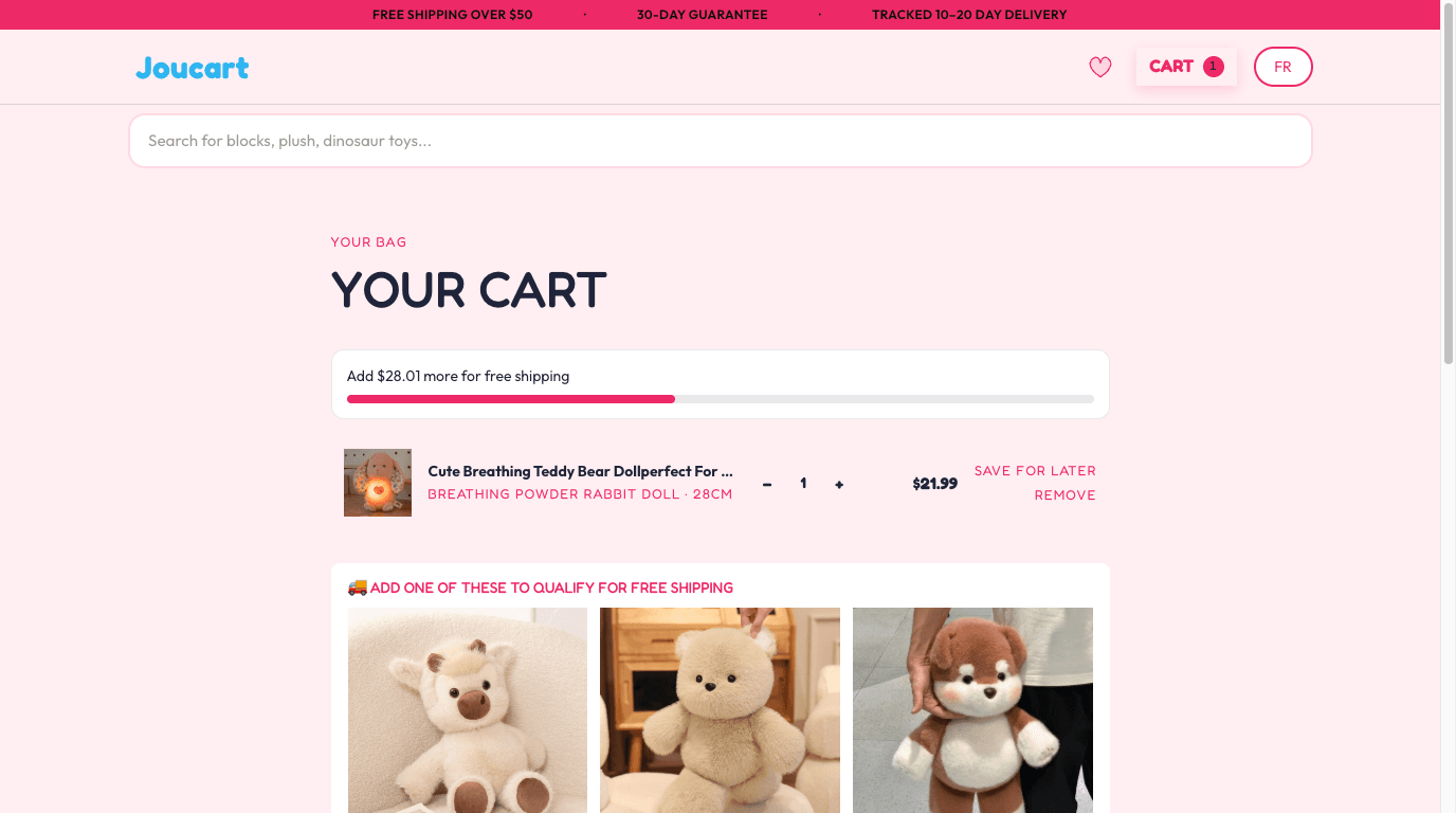Joucart cart with free shipping progress bar and upsells