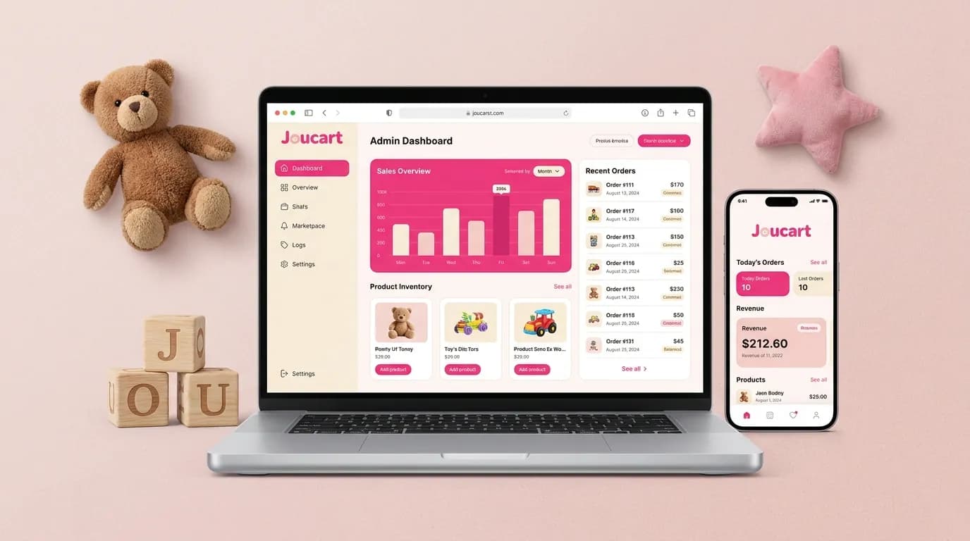Joucart web admin dashboard on a laptop next to the store-management mobile app on a phone