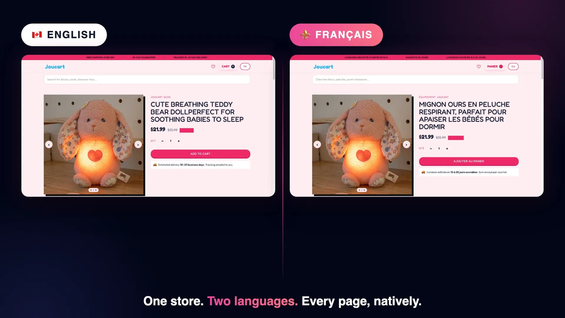 Side-by-side comparison of Joucart product page in English and French