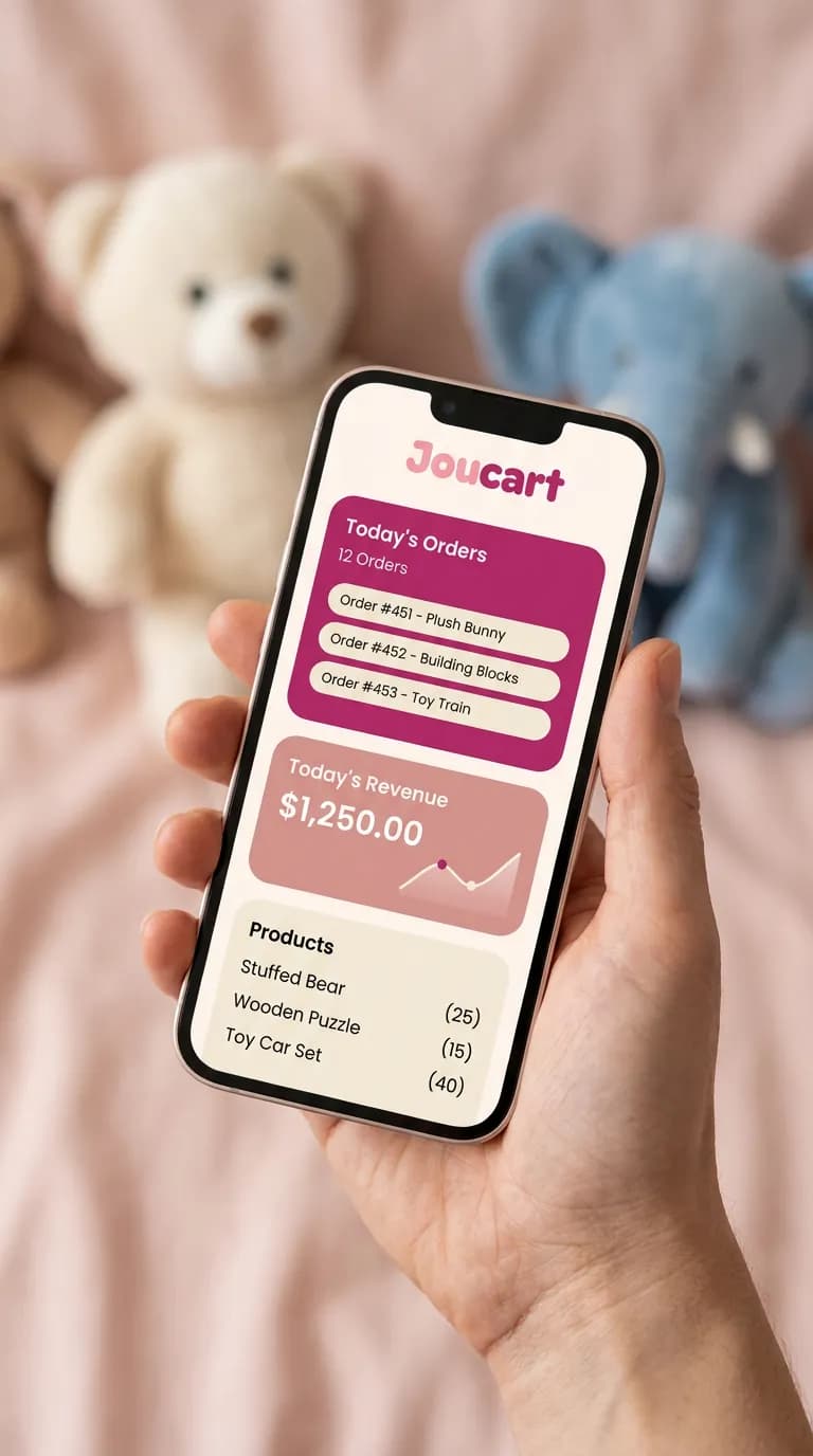Joucart store-management mobile app showing today's orders and revenue