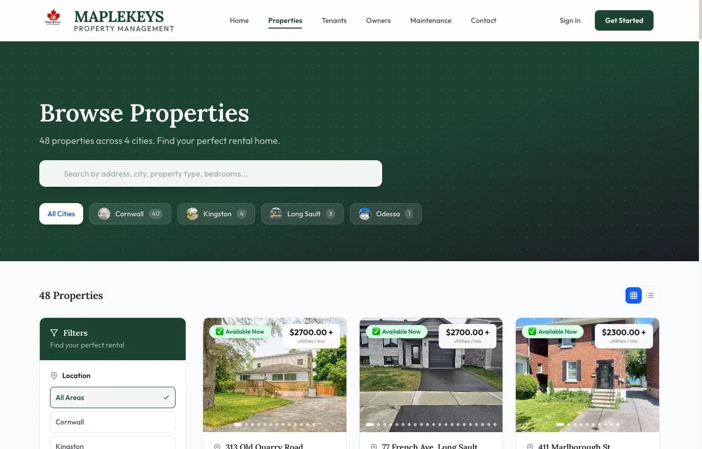 The Maple Keys rental listings with filters