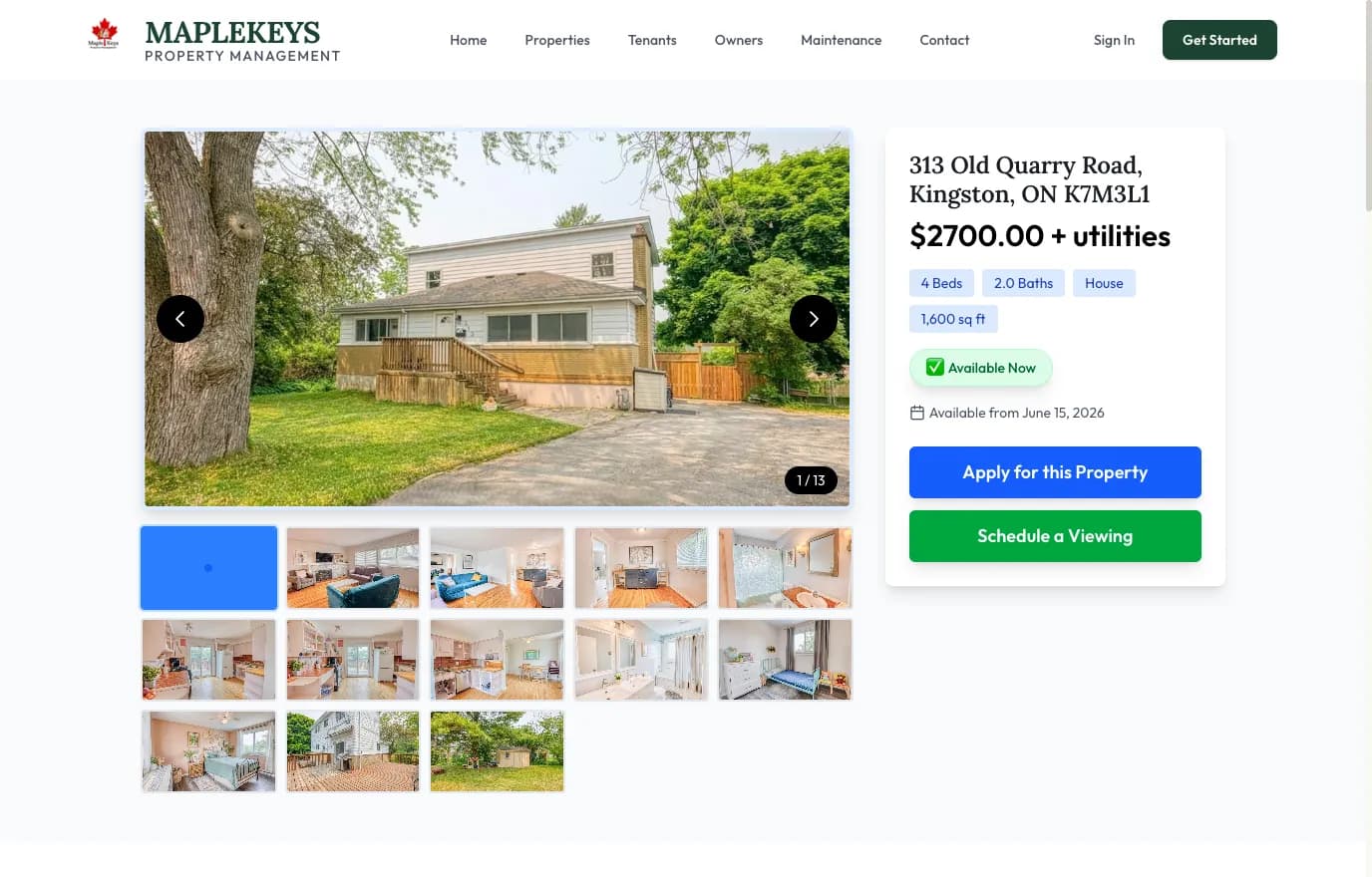 The Maple Keys property detail page with gallery
