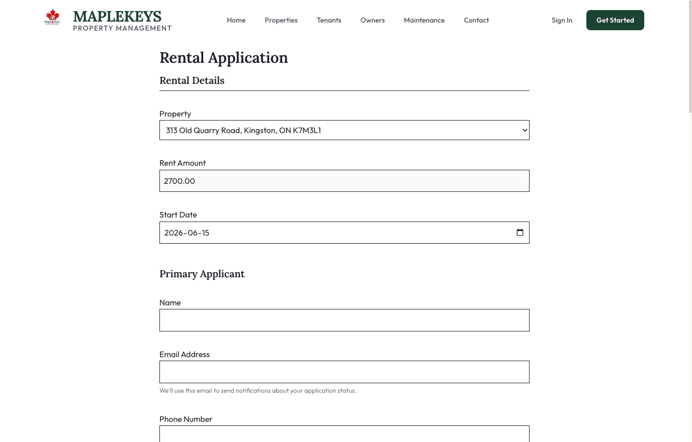 The Maple Keys rental application form