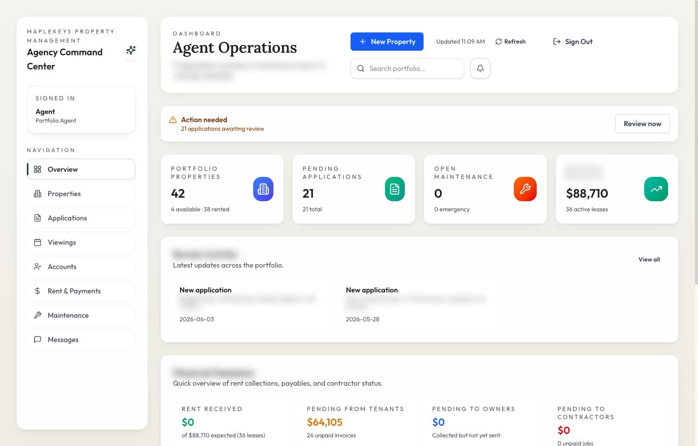 Maple Keys agent dashboard overview with portfolio stats