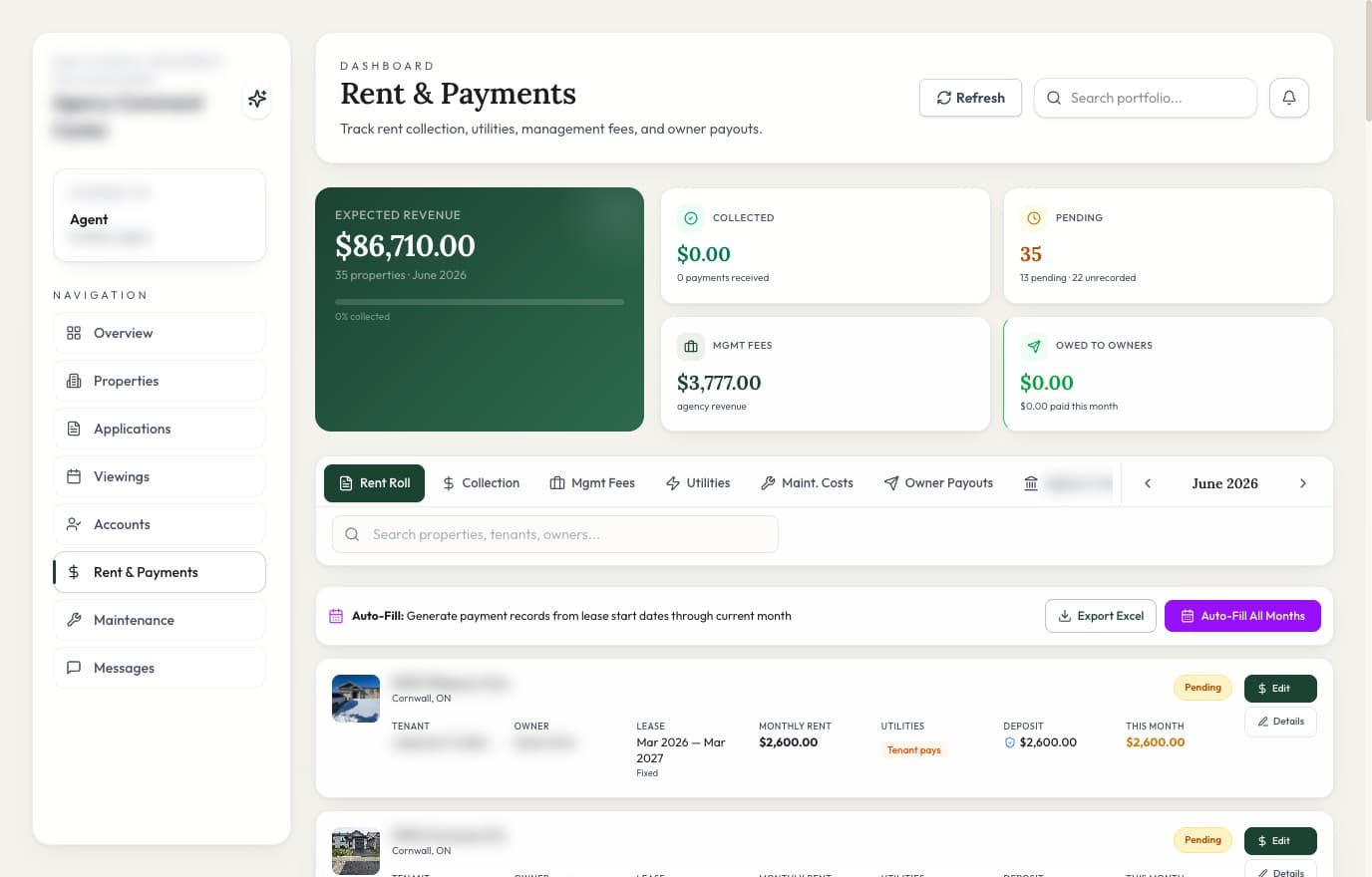 Maple Keys rent and payments dashboard