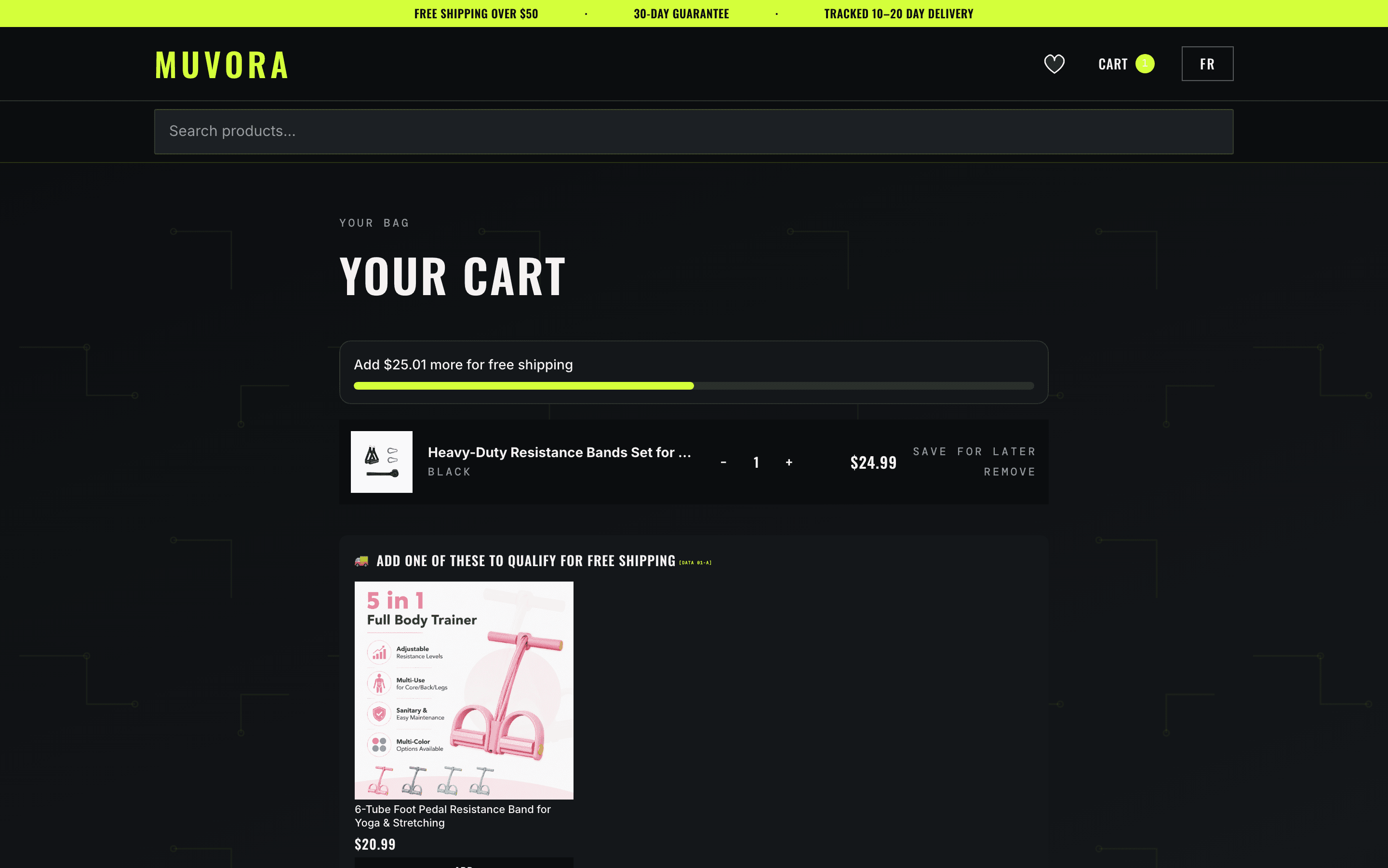Muvora cart with free-shipping progress bar