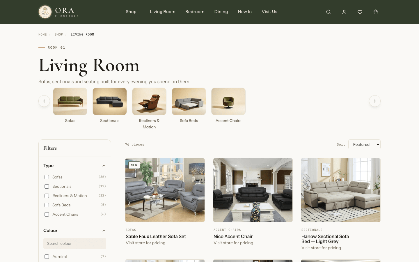 Ora Furniture Living Room category page with filter sidebar