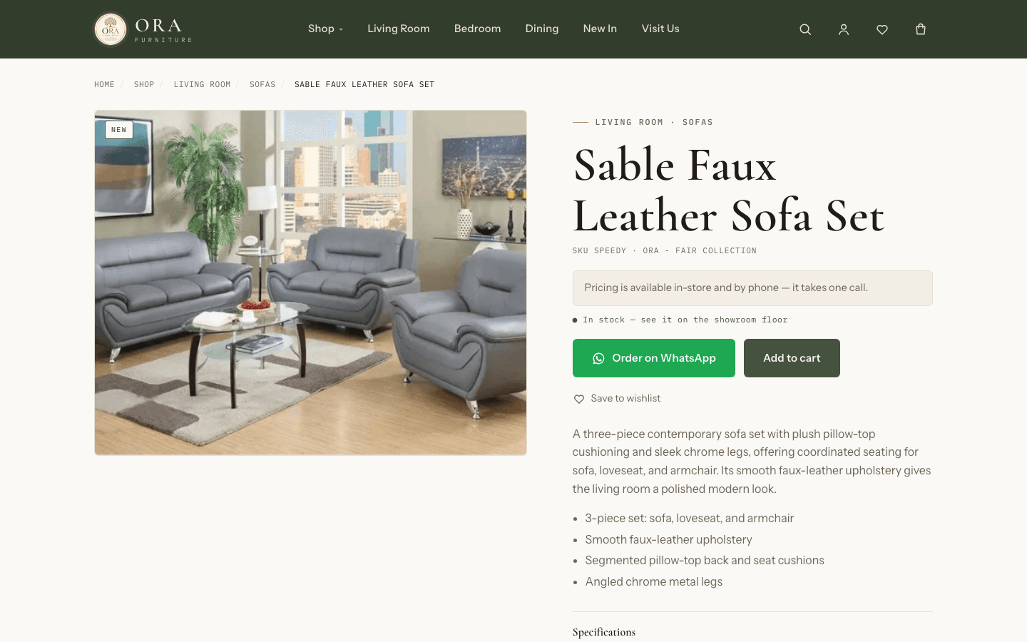 Ora Furniture product page with Order on WhatsApp button