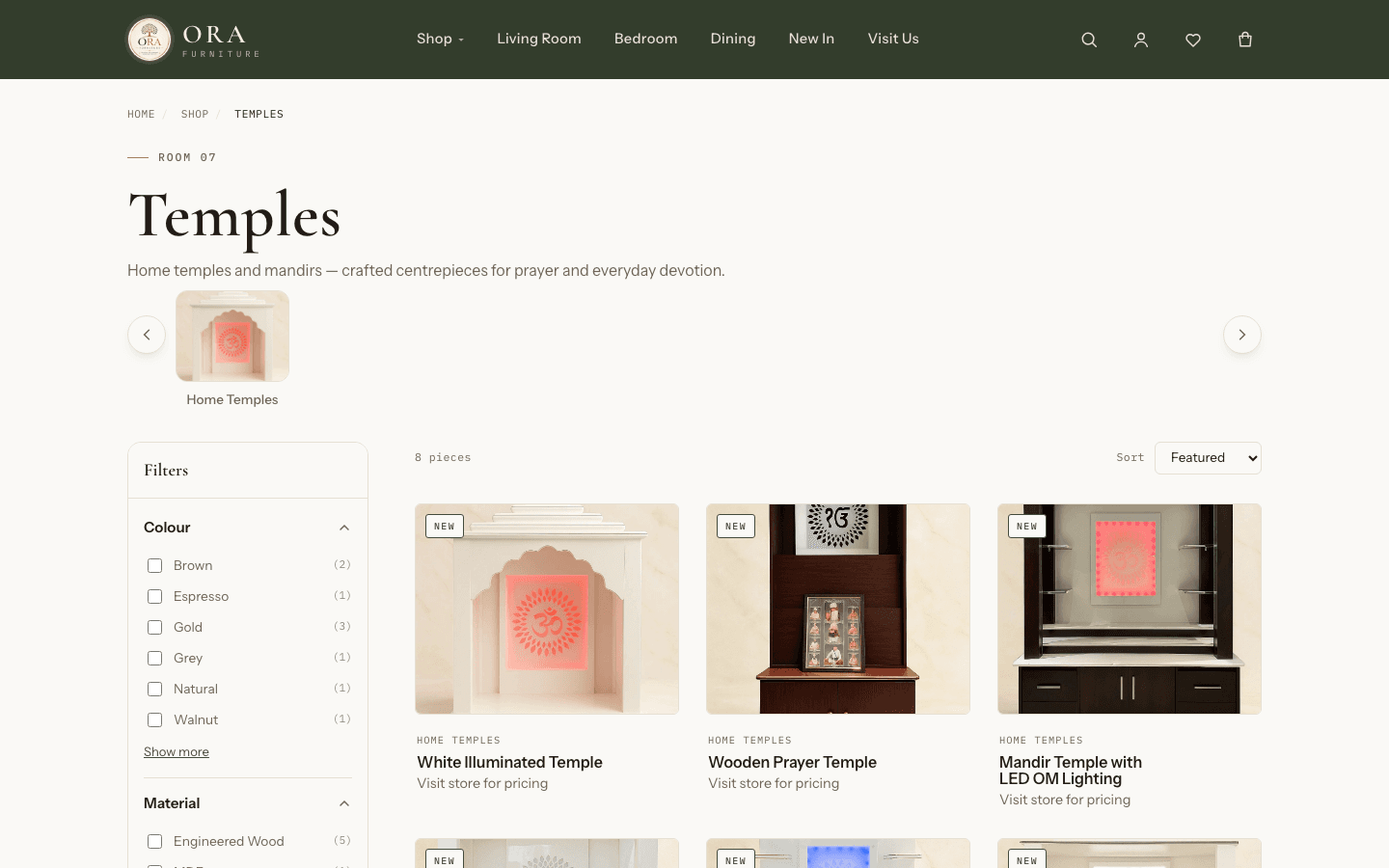 Ora Furniture Temples category page with home mandirs