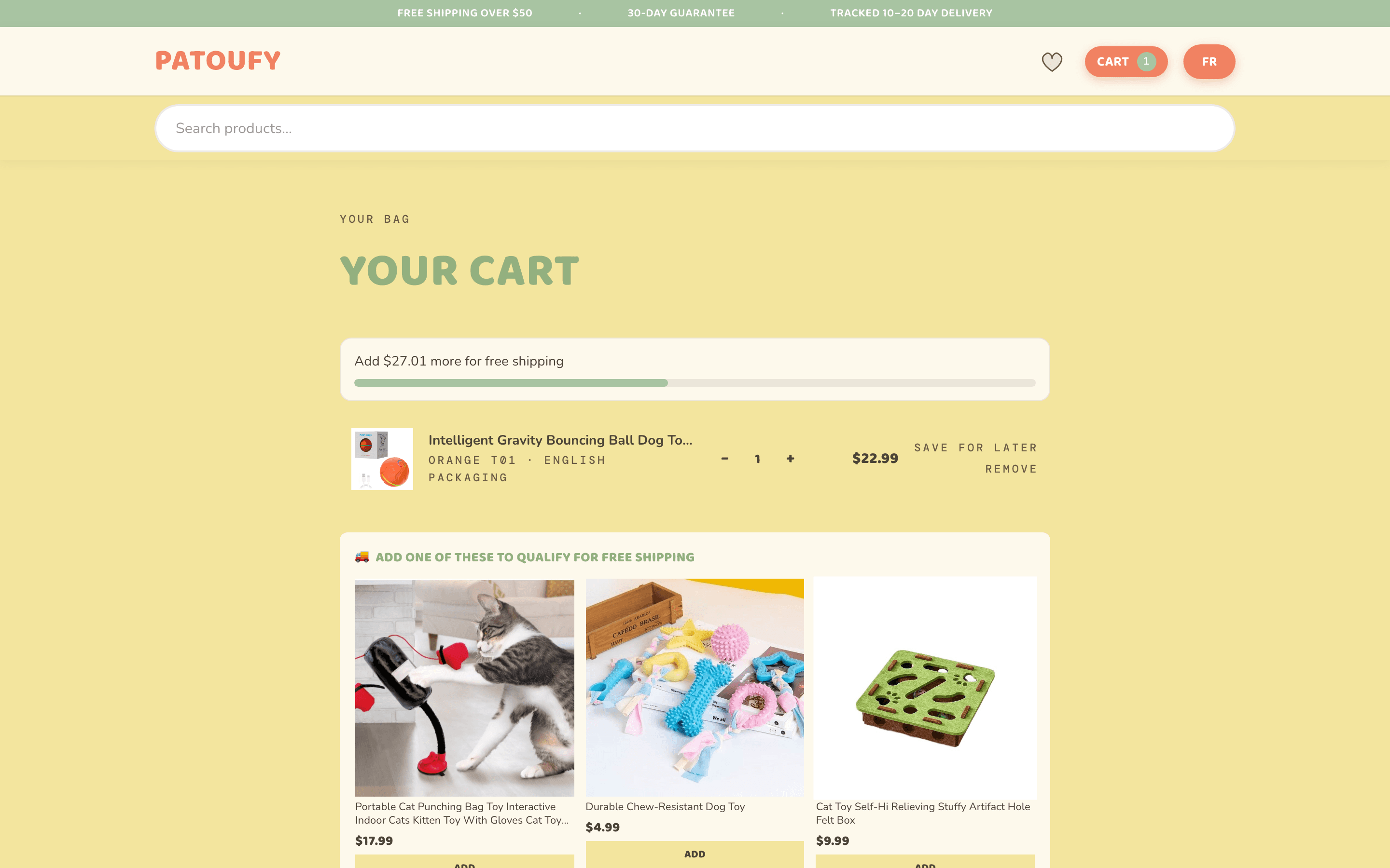 Patoufy cart with free-shipping progress bar