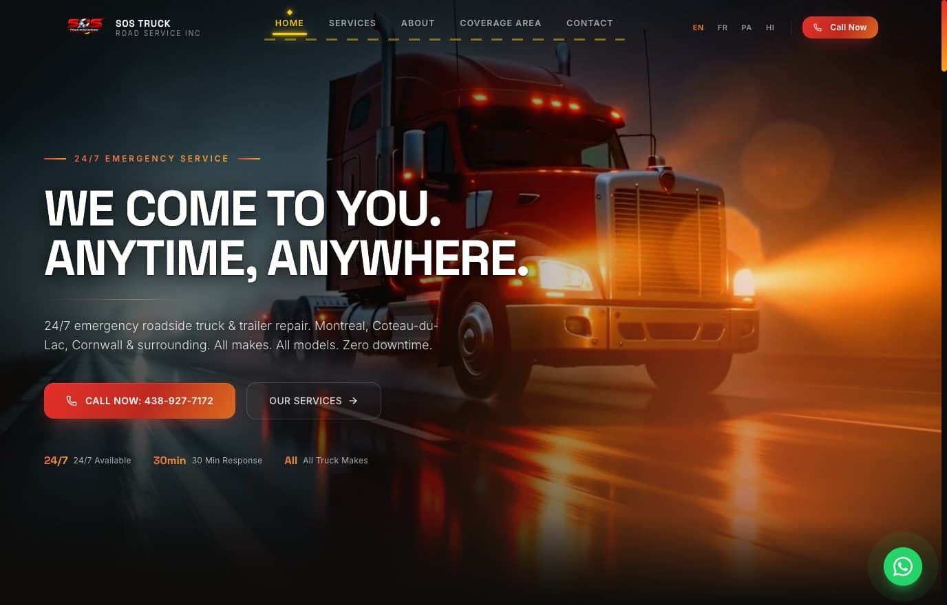 SOS Truck Road Service homepage — We come to you, anytime, anywhere