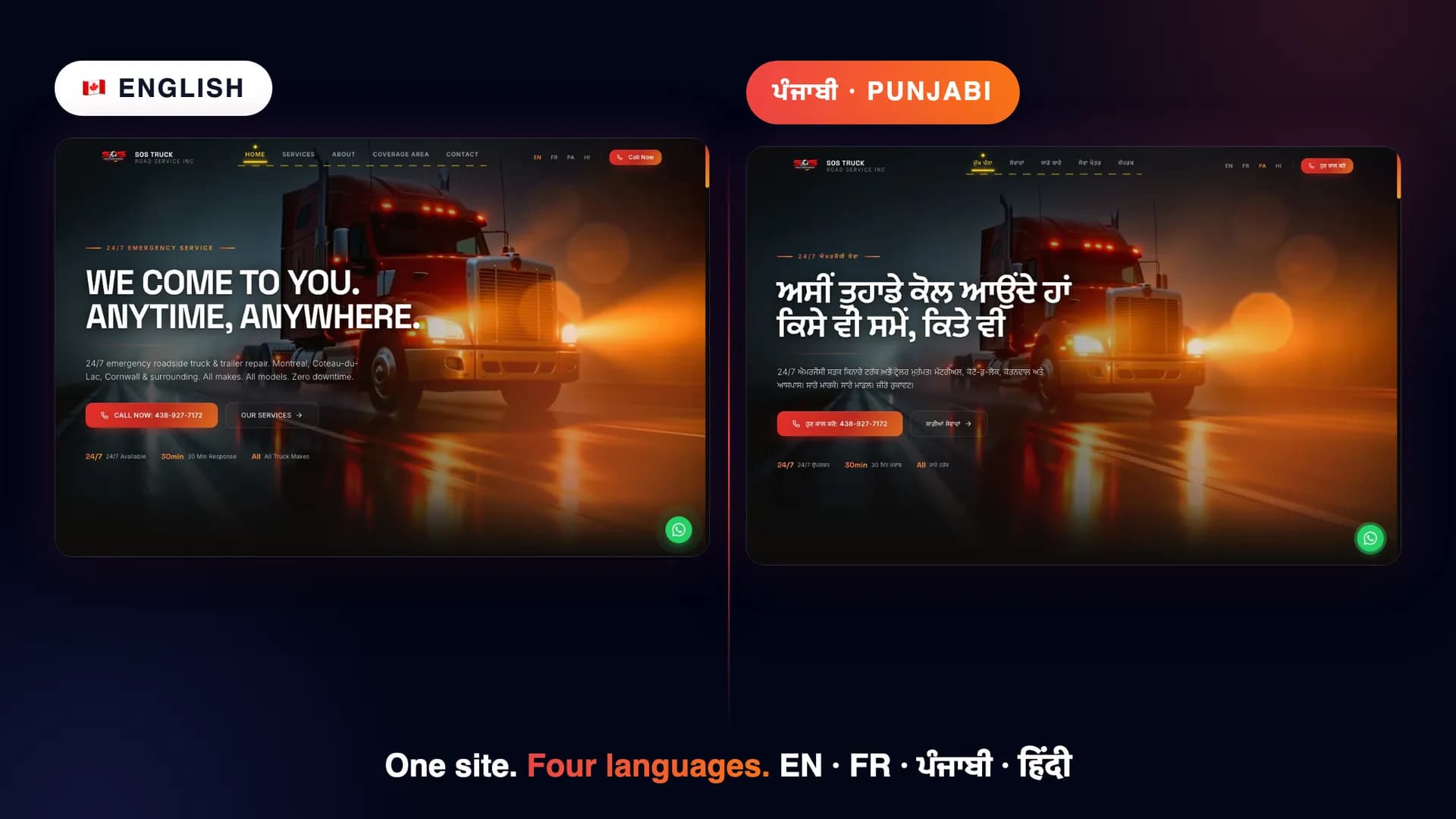 SOS Truck homepage shown in English and Punjabi side by side