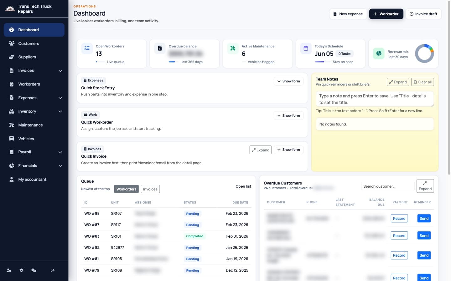 Truck Service Suite operations dashboard