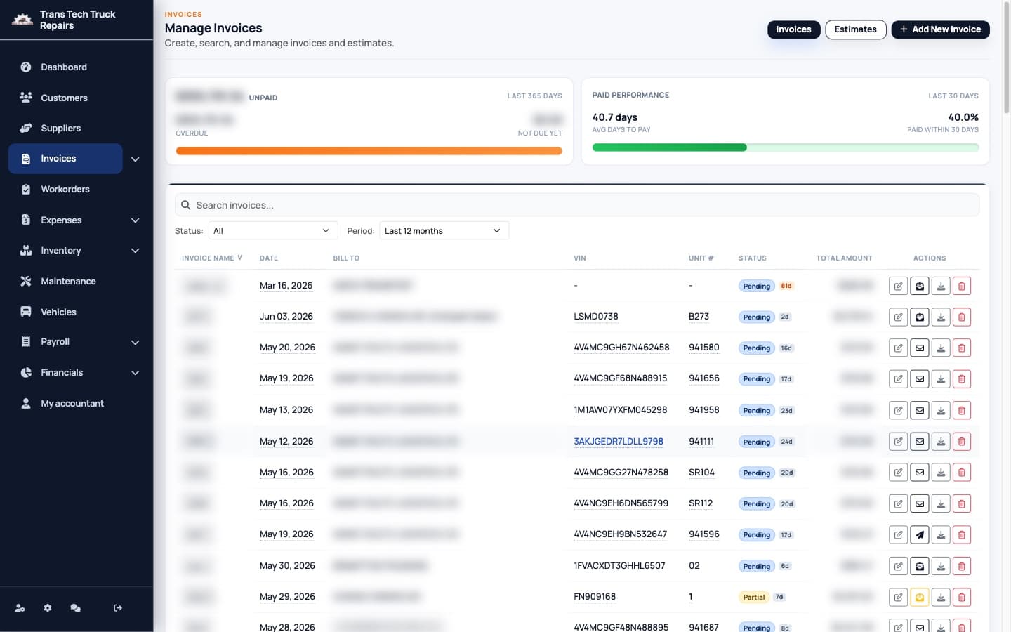 Invoice management, statements and automatic collections