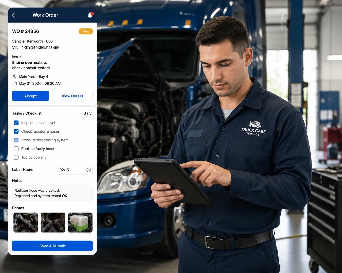 Mechanic completing a work order on a tablet through the portal