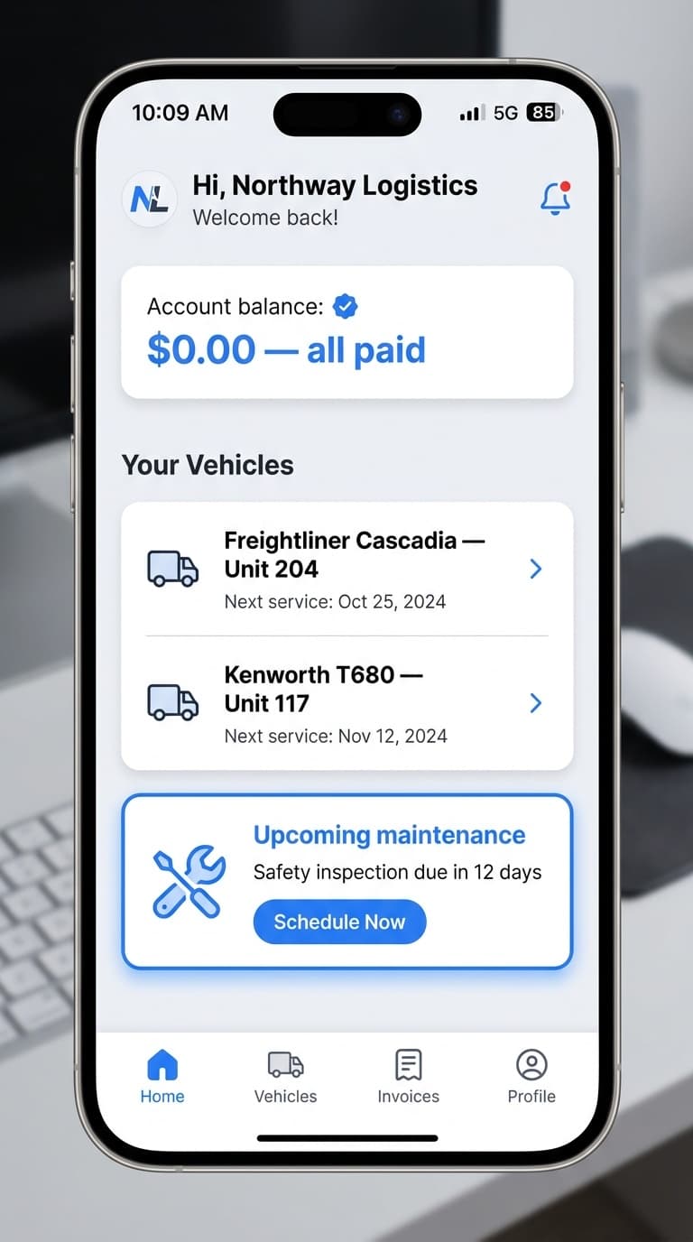 Truck Service Suite customer app — Account & vehicles
