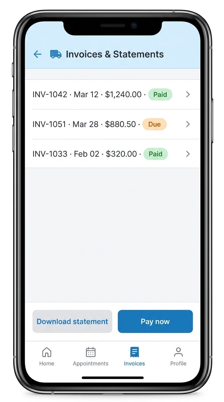 Truck Service Suite customer app — Invoices & statements
