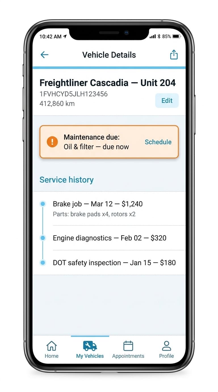 Truck Service Suite customer app — Vehicle history & parts