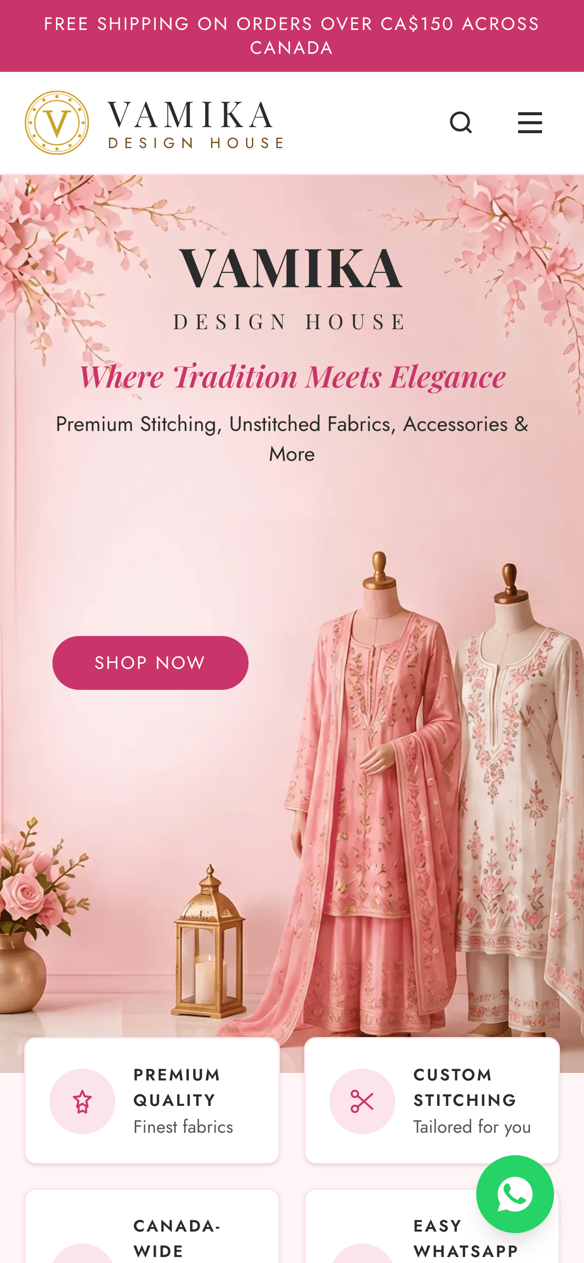 Vamika mobile homepage