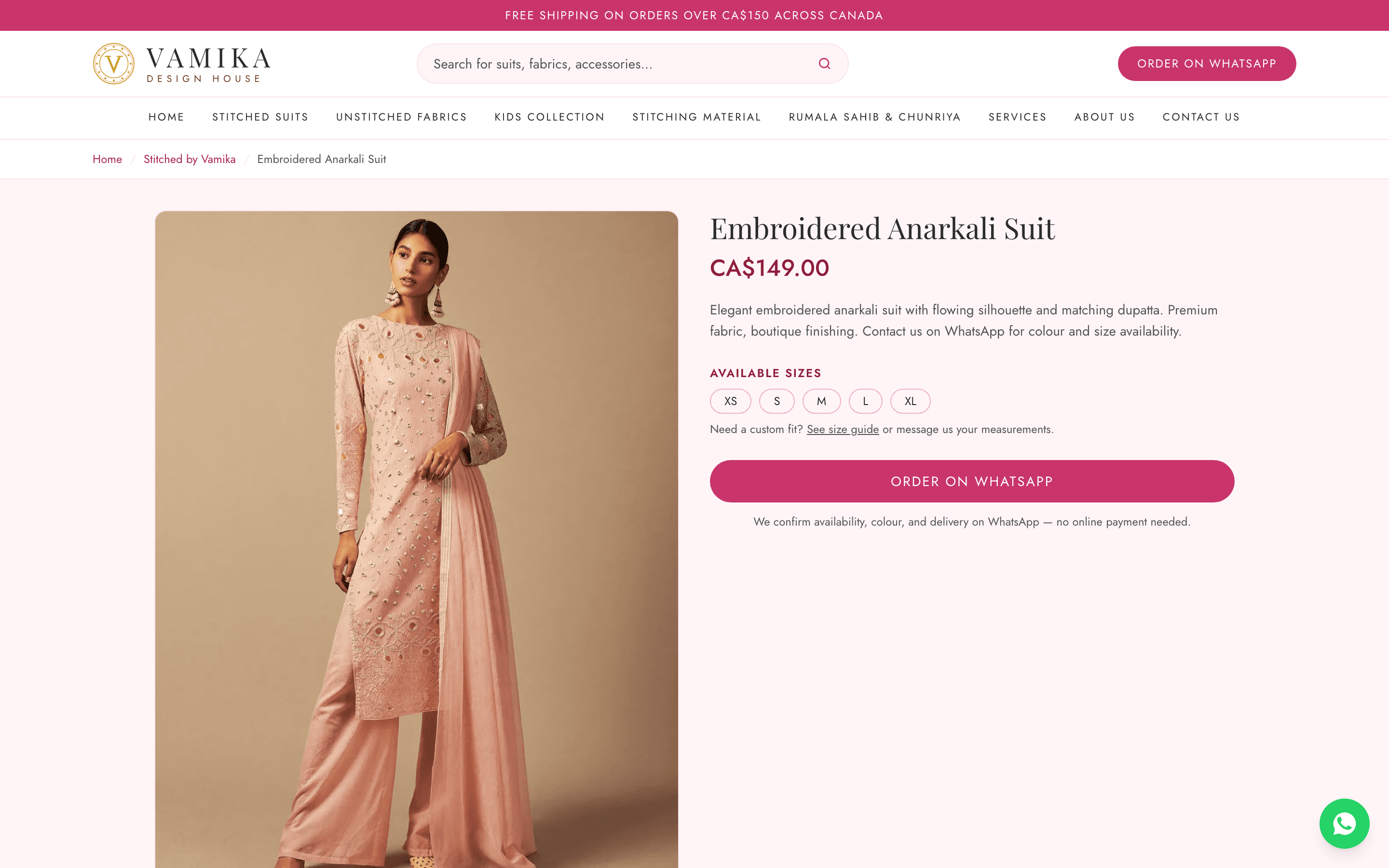 Vamika product page with WhatsApp ordering