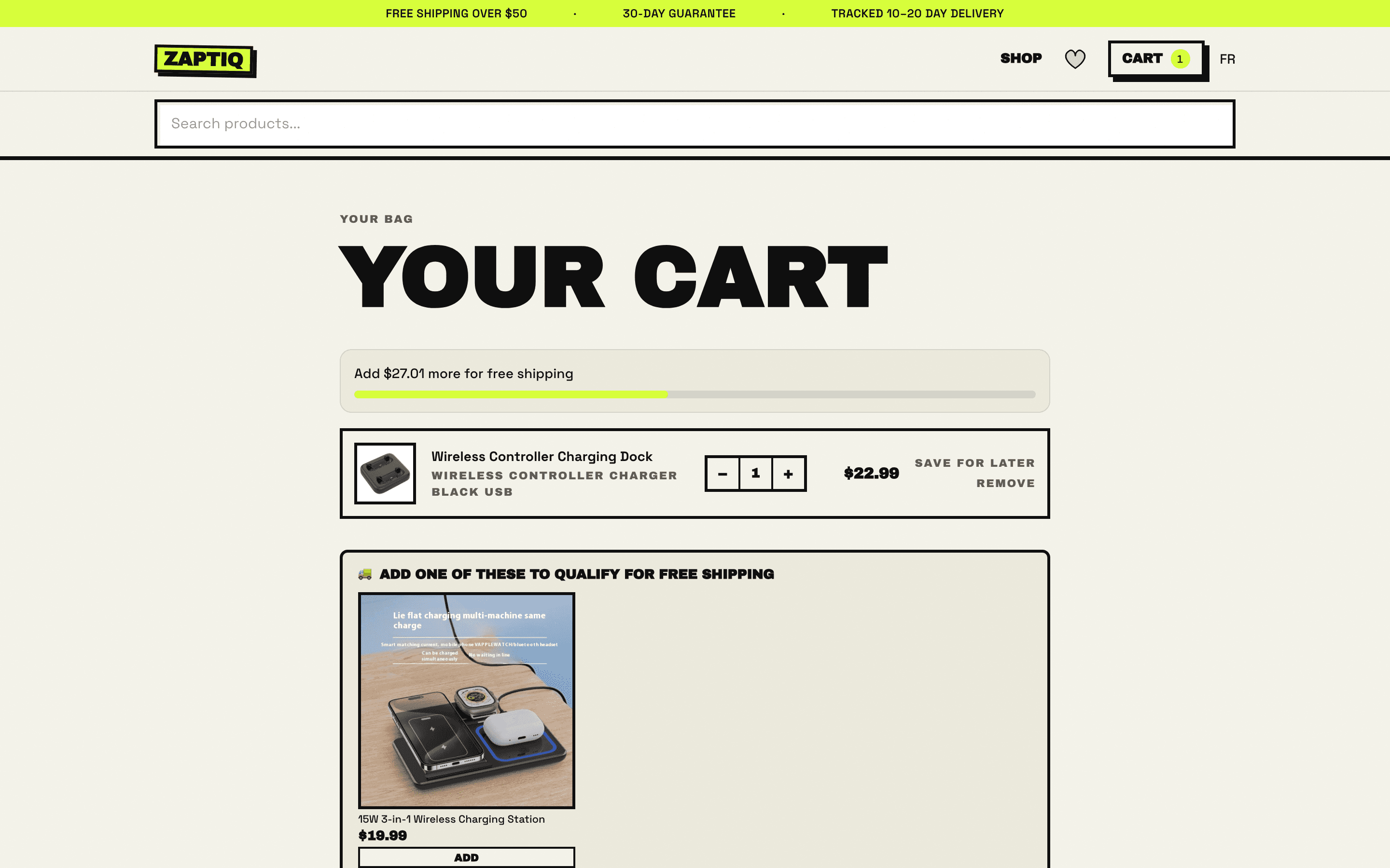 Zaptiq cart with free-shipping progress bar