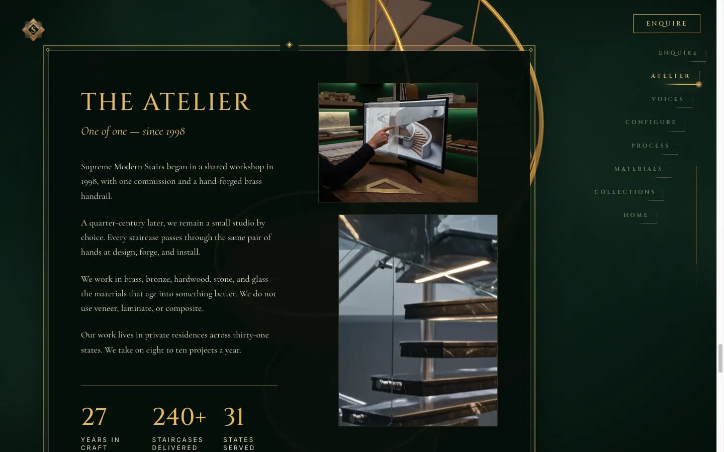The Atelier narrative section with studio stats