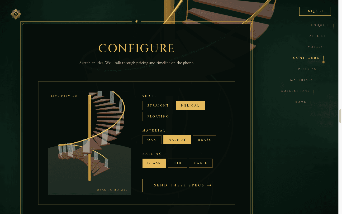 Drag-to-rotate staircase configurator with live material swap