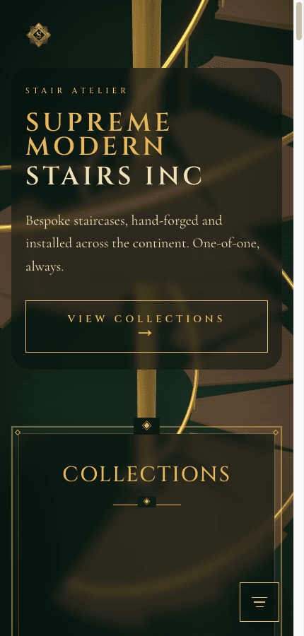 Mobile hero with serif lockup over 3D staircase